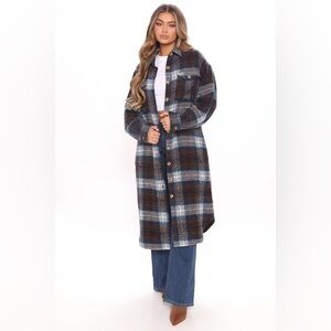 Fashion Nova Blue and Brown Plaid Shacket